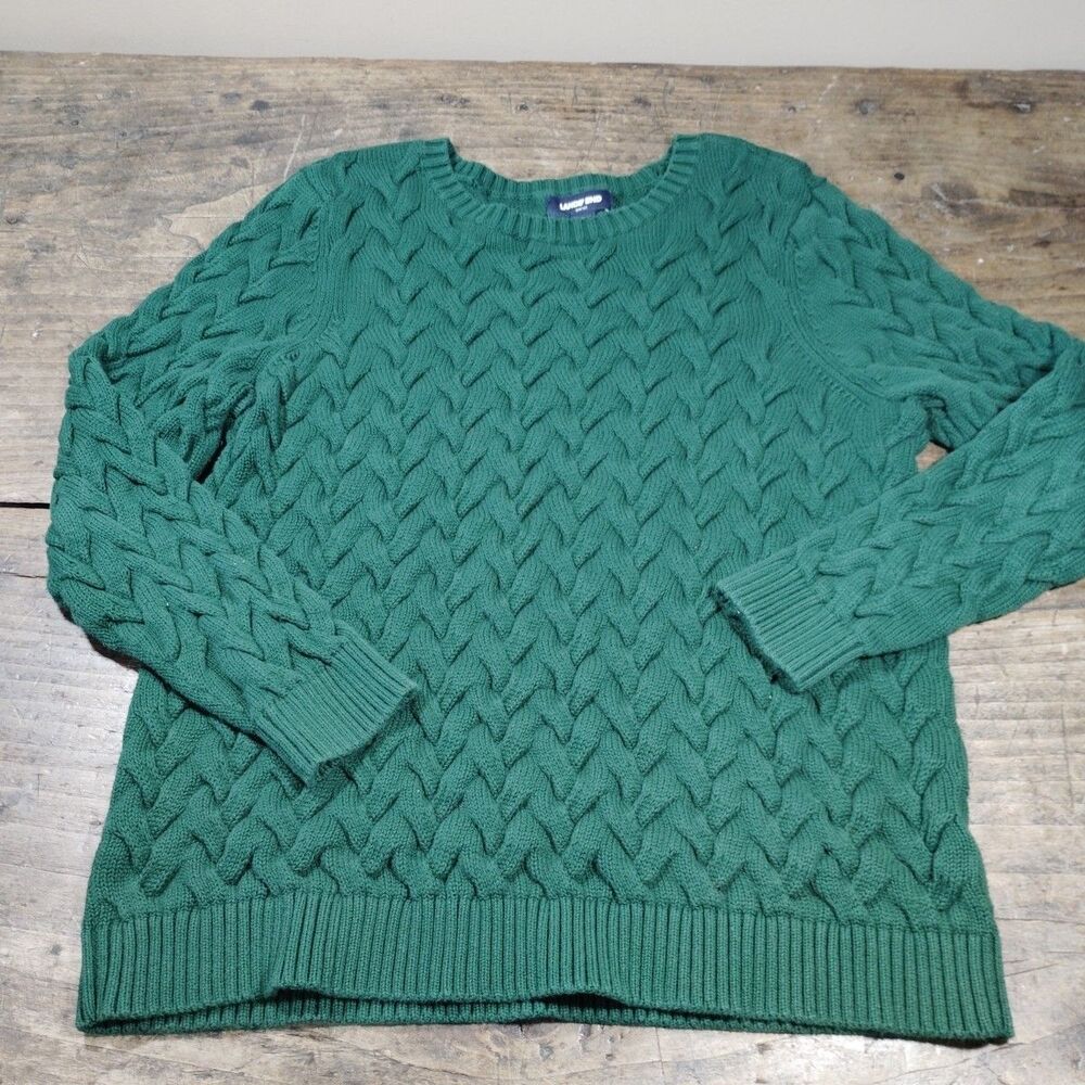 Lands End XL Sweater Drifter Chunky Cable Knit Emerald Green Fisherman